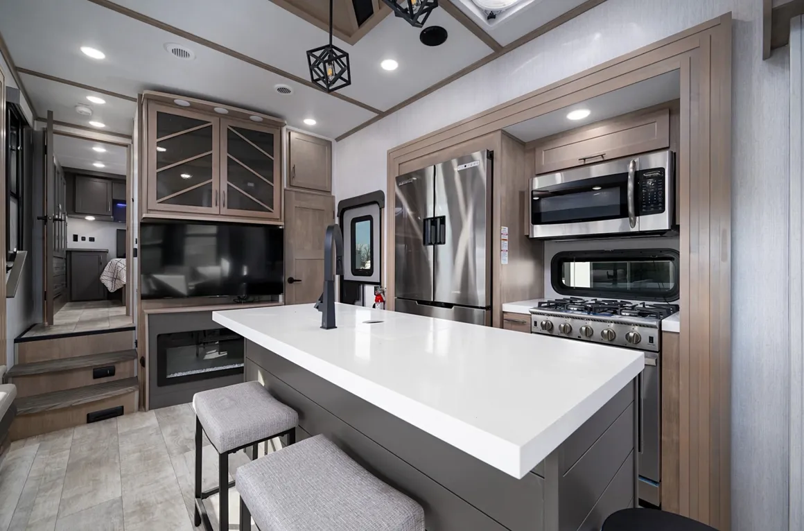 Kitchen and living area inside a Triple W rental RV